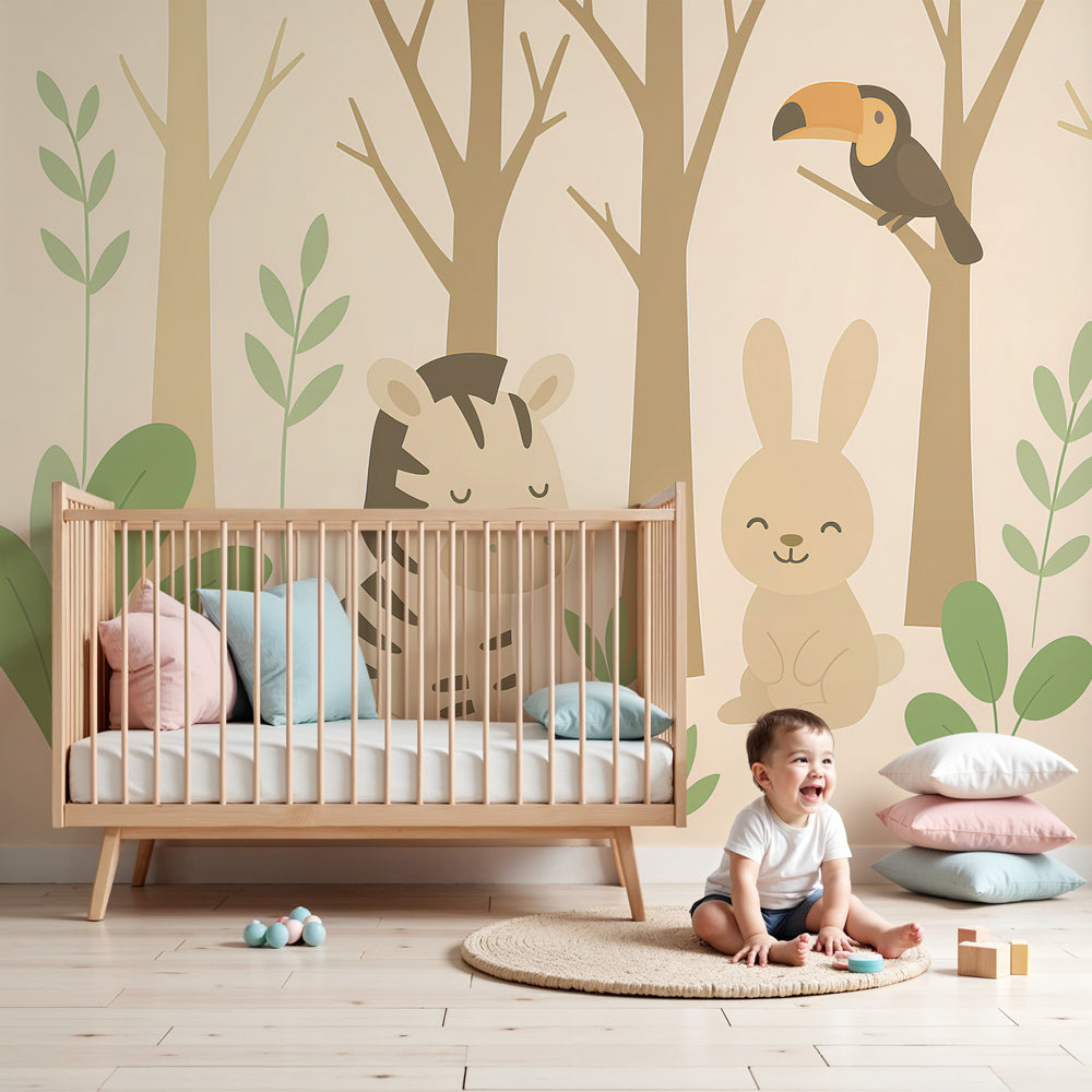 Forest animals mural wallpaper in modern nursery with woodland creatures by Kids-Mundo