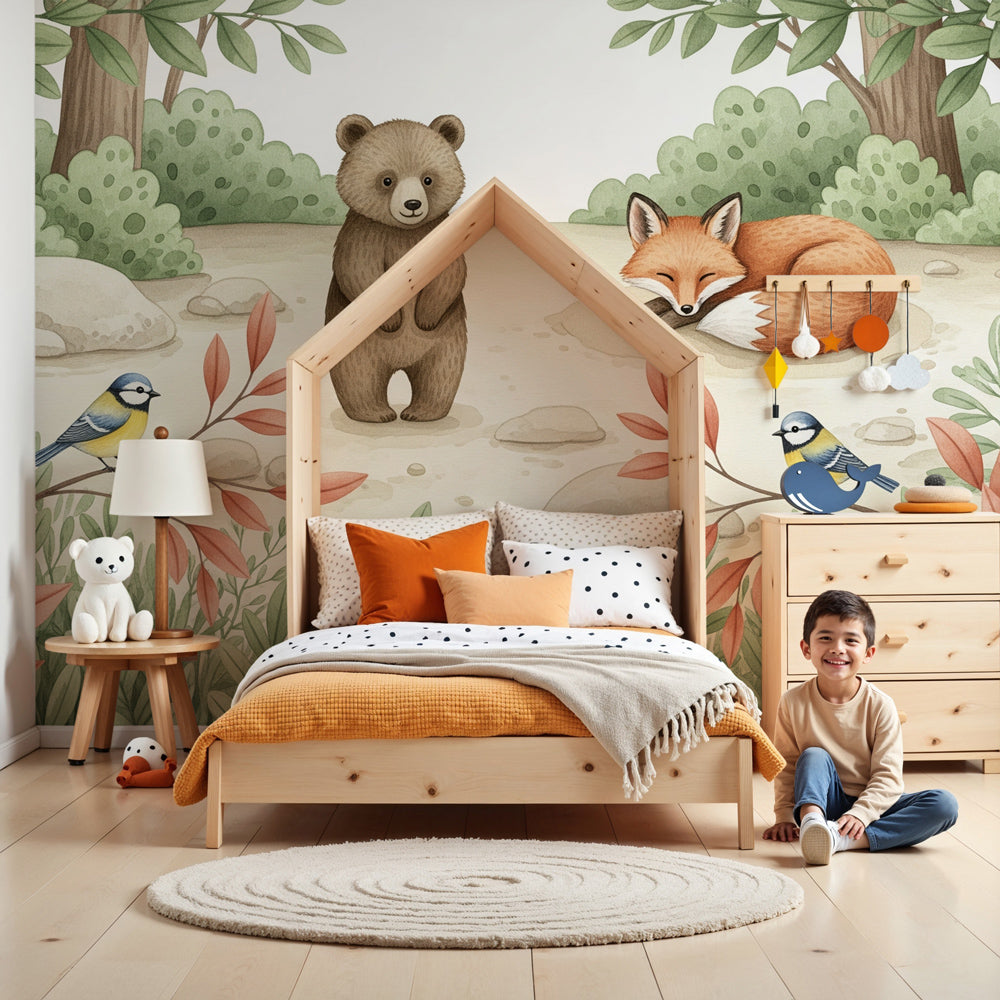 Forest animals mural wallpaper with bear and fox in cozy nursery setting by Kids-Mundo