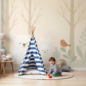 Forest animals mural wallpaper featuring woodland creatures in beige nursery by Kids-Mundo