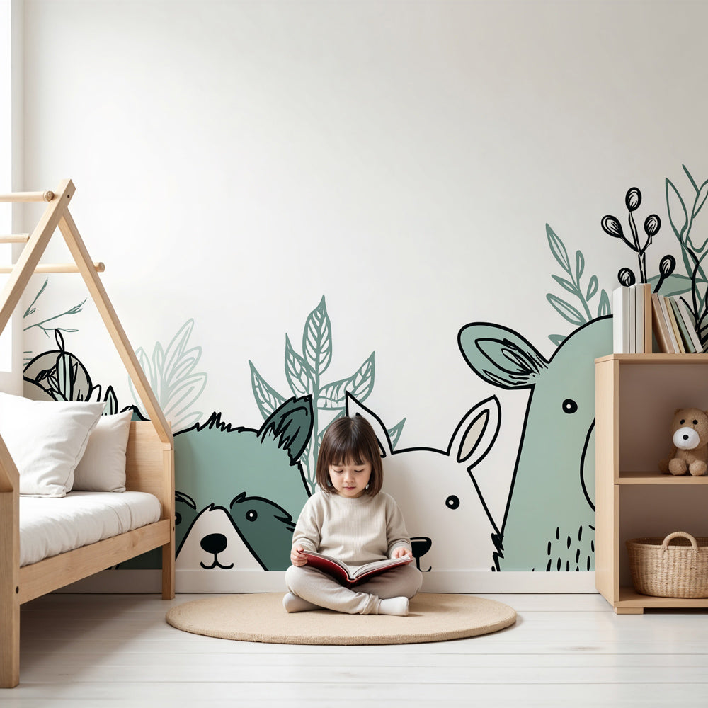 Forest animals mural wallpaper in modern nursery with natural wood crib by Kids-Mundo