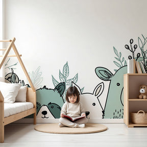 Forest animals mural wallpaper in modern nursery with natural wood crib by Kids-Mundo