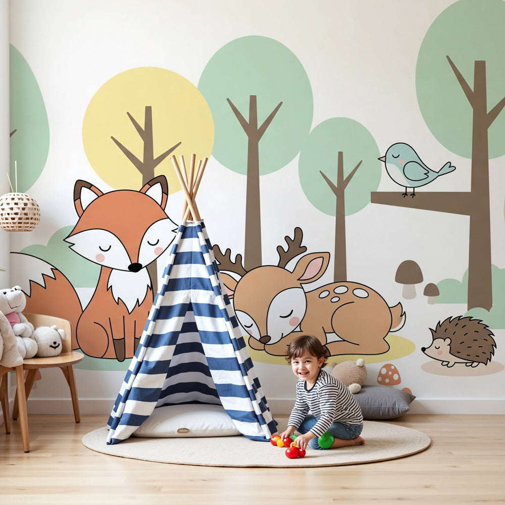 Forest animals mural wallpaper in modern nursery with woodland creatures by Kids-Mundo