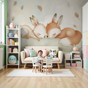 Forest animals mural wallpaper with sleeping fox and rabbit in peaceful nursery setting by Kids-Mundo