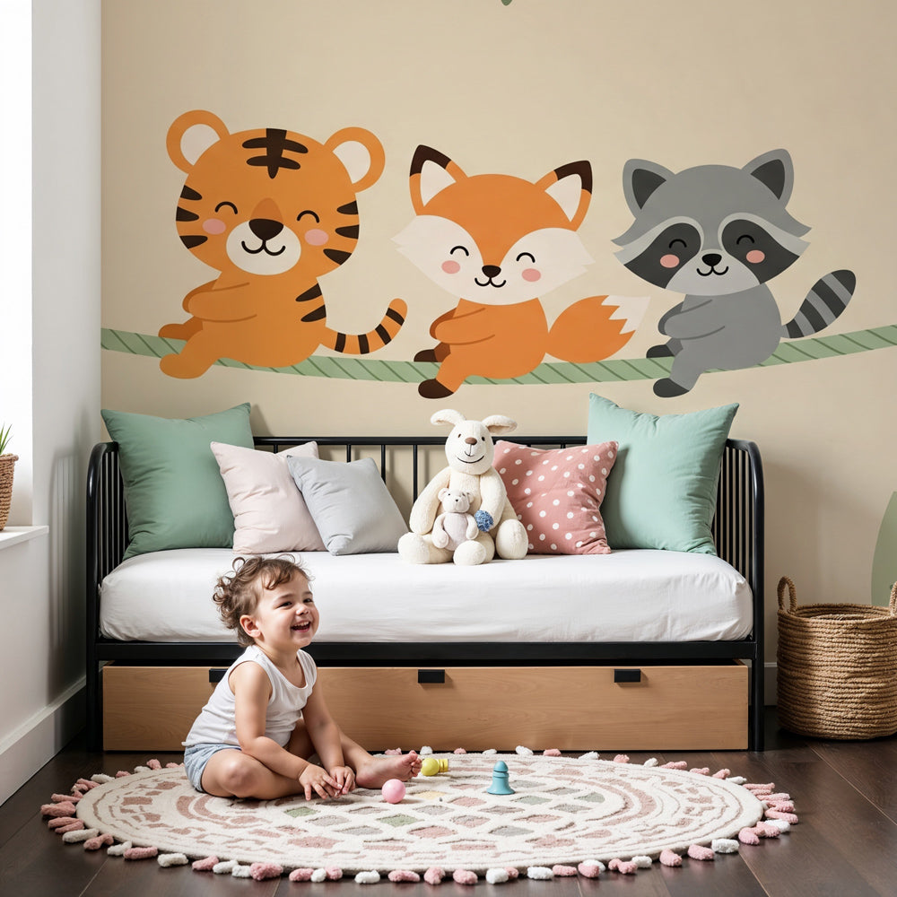 Forest animals mural wallpaper creating cozy woodland nursery atmosphere by Kids-Mundo