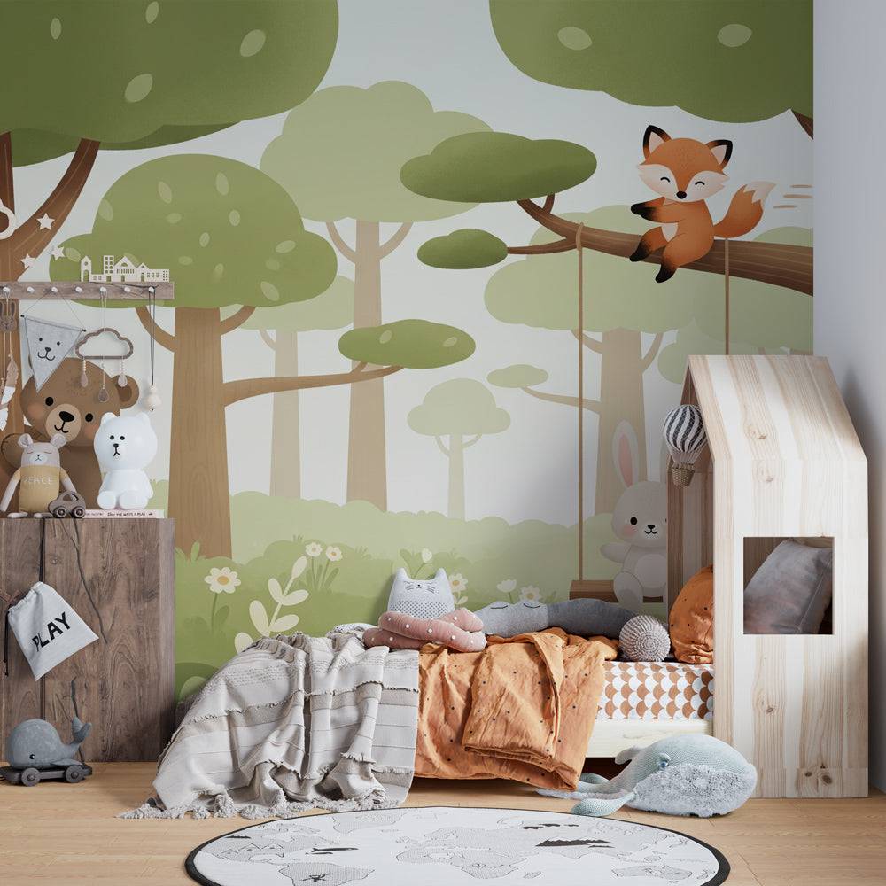 Forest themed mural wallpaper with bunny on swing in modern nursery room design