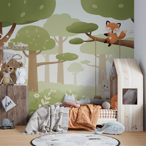 Forest themed mural wallpaper with bunny on swing in modern nursery room design