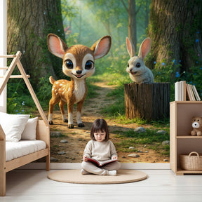 Forest animals mural wallpaper with deer and rabbit cartoon in modern kids nursery by Kids-Mundo
