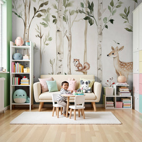 Enchanted forest animals mural wallpaper creating magical woodland nursery decor by Kids-Mundo