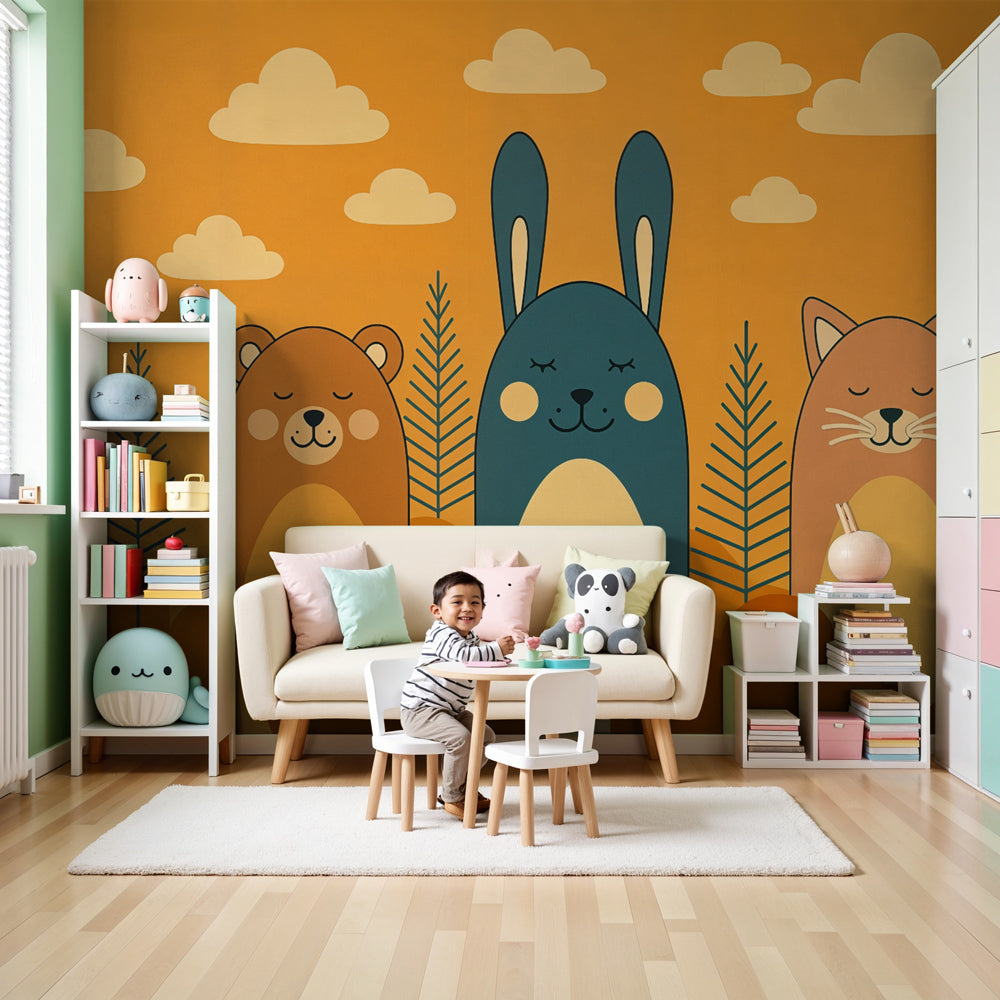 Forest animals mural wallpaper with orange cartoon bear rabbit fox in modern nursery by Kids-Mundo