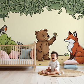 Forest animals mural wallpaper in modern nursery with wooden crib by Kids-Mundo