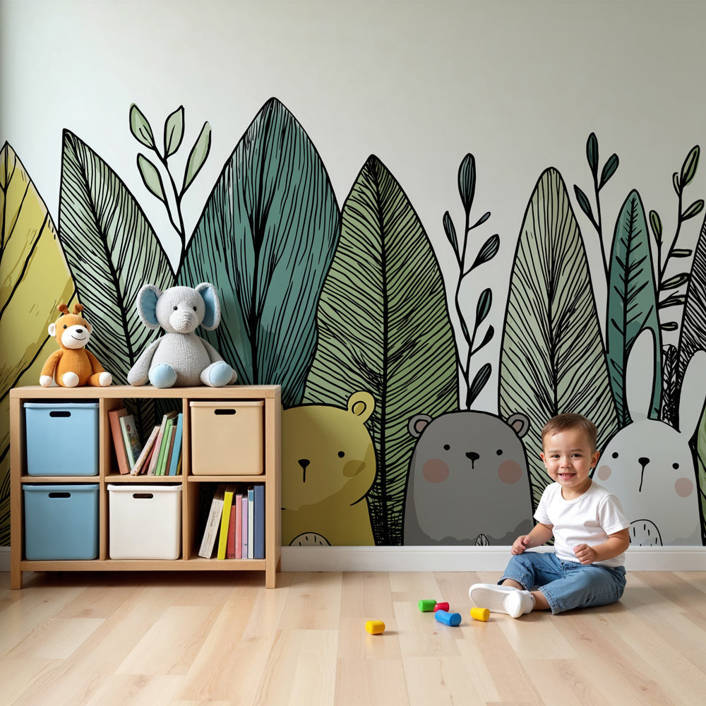 Forest animals mural wallpaper in modern nursery with wooden furniture by Kids-Mundo