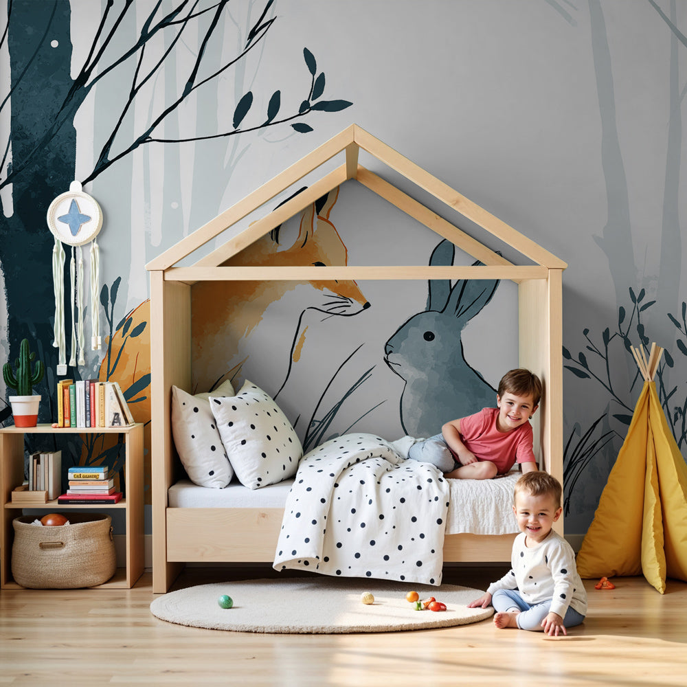 Forest animals mural wallpaper with fox and rabbit in cozy nursery setting by Kids-Mundo