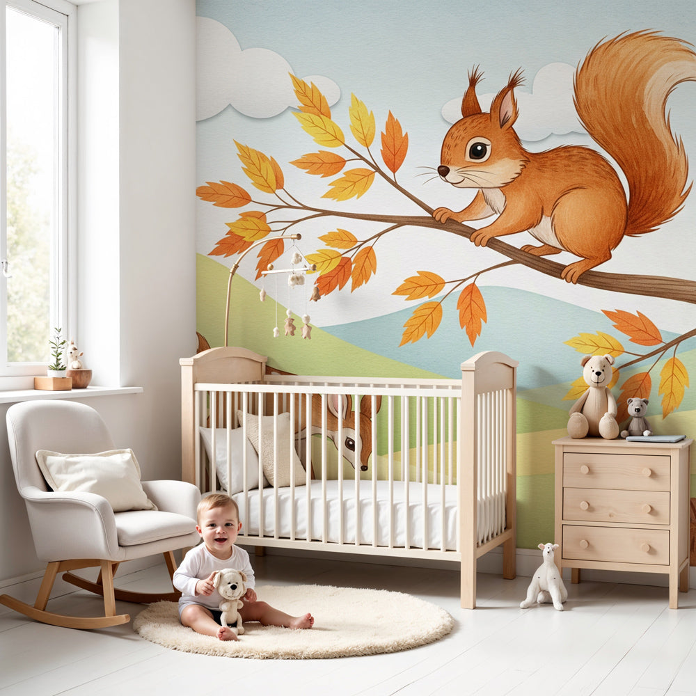 Forest animals mural wallpaper with squirrel and fawn in cozy nursery setting by Kids-Mundo