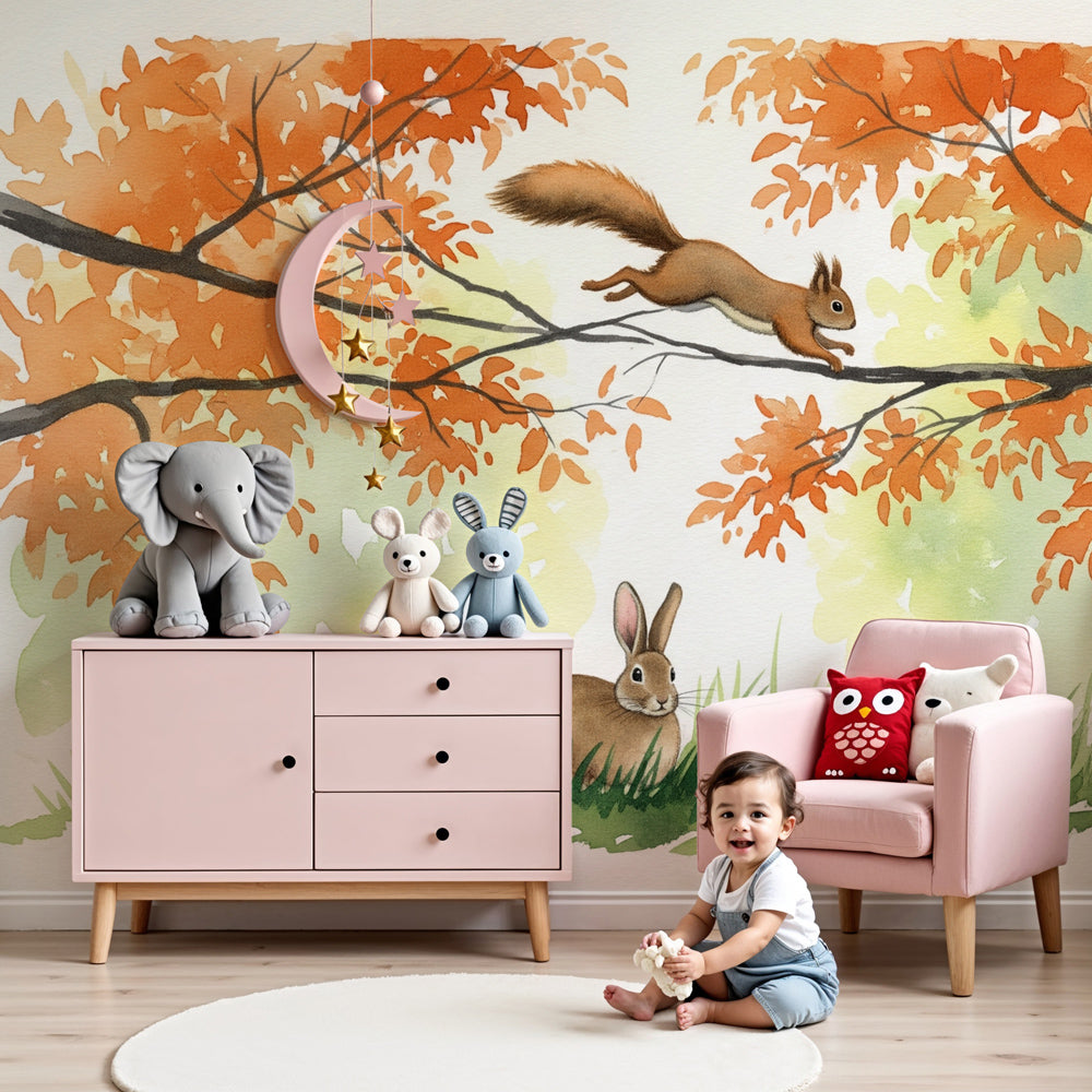 Forest animals mural wallpaper with rabbit and squirrel in cozy nursery setting by Kids-Mundo