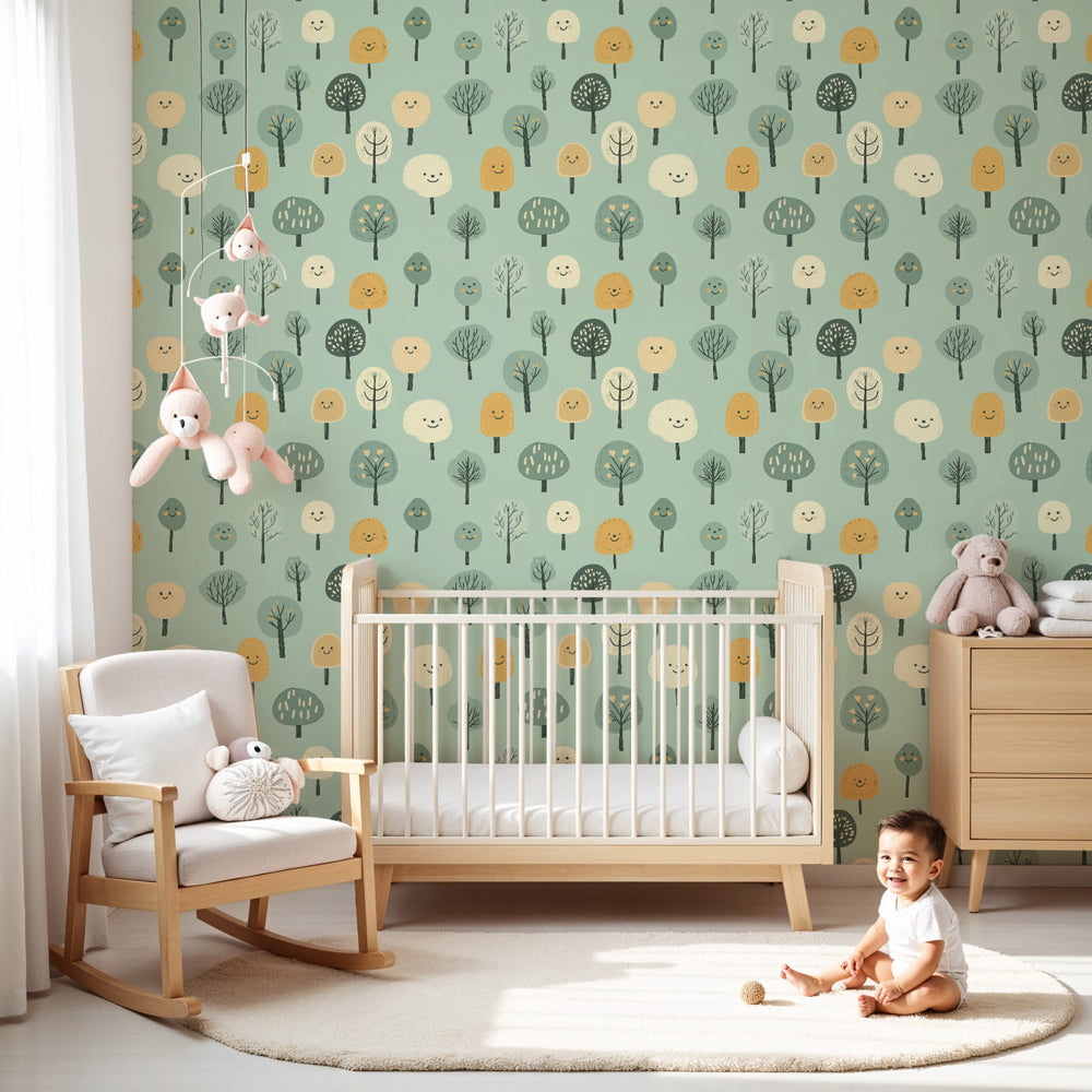 Forest animals mural wallpaper with smiling trees in cozy kids nursery by Kids-Mundo