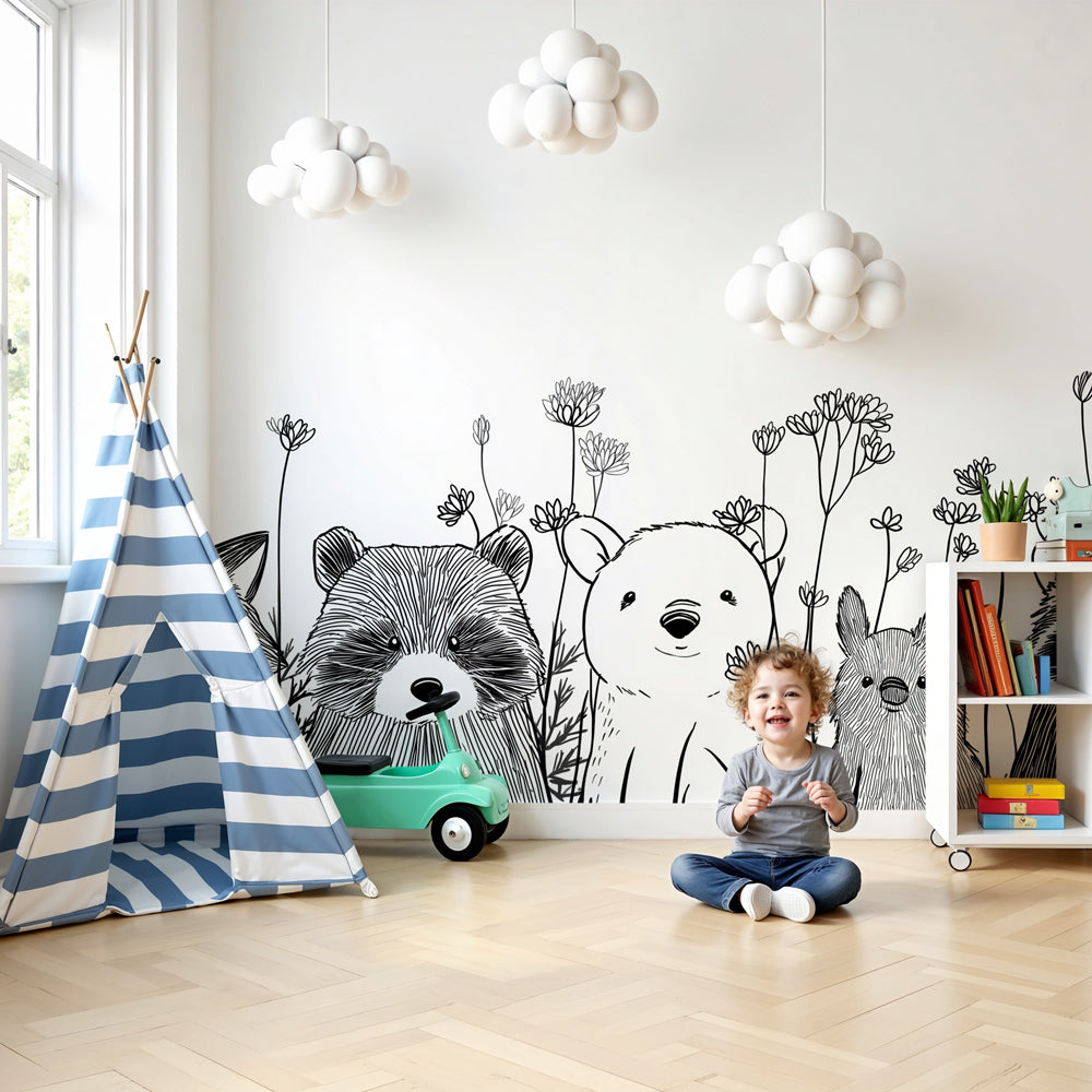 Forest animals mural wallpaper in modern nursery with woodland creatures by Kids-Mundo