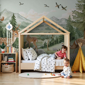 Forest animals mural wallpaper with fawns and foxes in modern nursery setting by Kids-Mundo