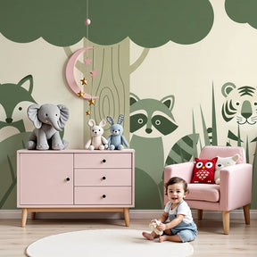Forest animals mural wallpaper with fox and raccoon in peaceful nursery setting by Kids-Mundo