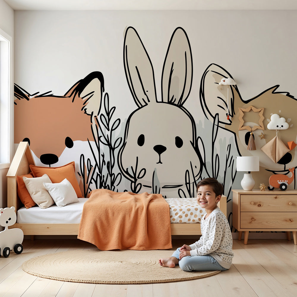 Forest animals mural wallpaper with woodland creatures in modern nursery by Kids-Mundo