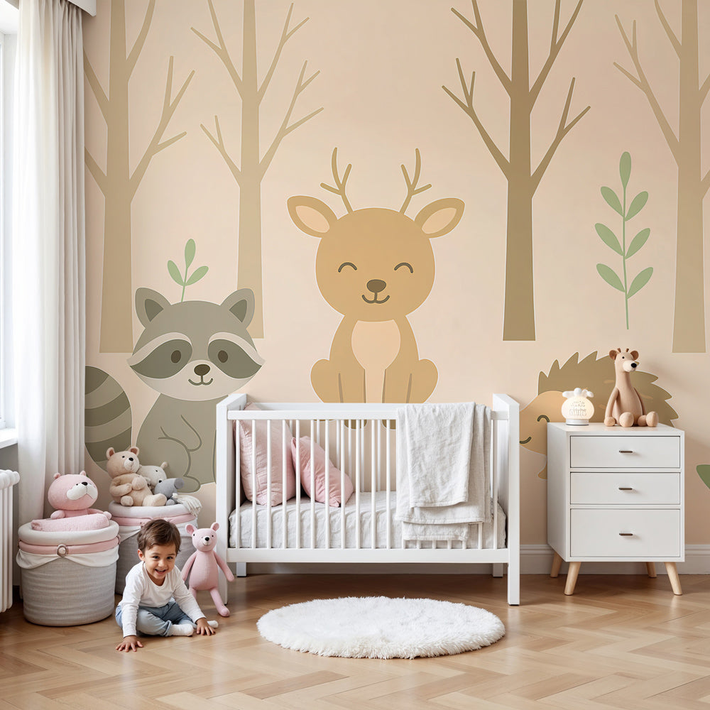 Forest animals mural wallpaper with raccoon deer hedgehog in modern nursery by Kids-Mundo