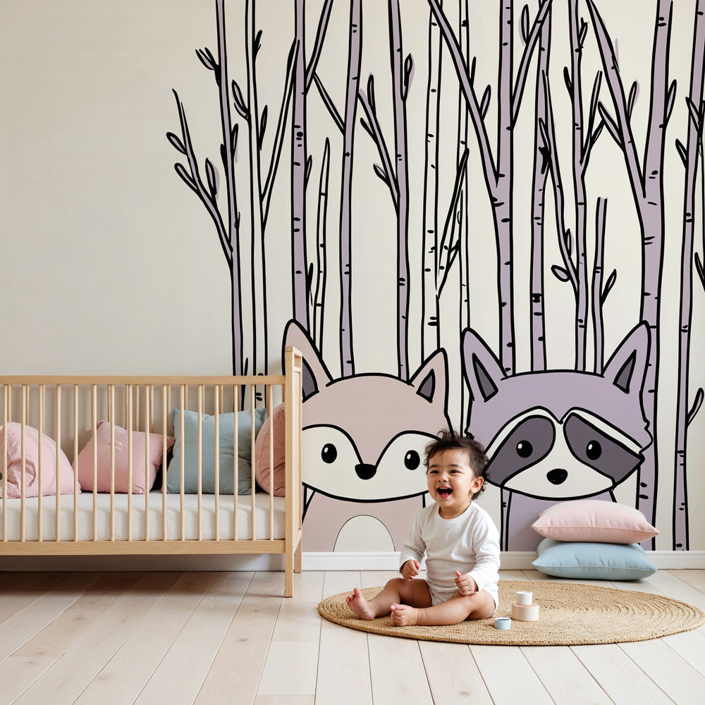 Forest animals mural wallpaper with fox and raccoon in modern nursery by Kids-Mundo