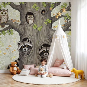 Forest animals mural wallpaper with woodland tree in modern nursery room by Kids-Mundo