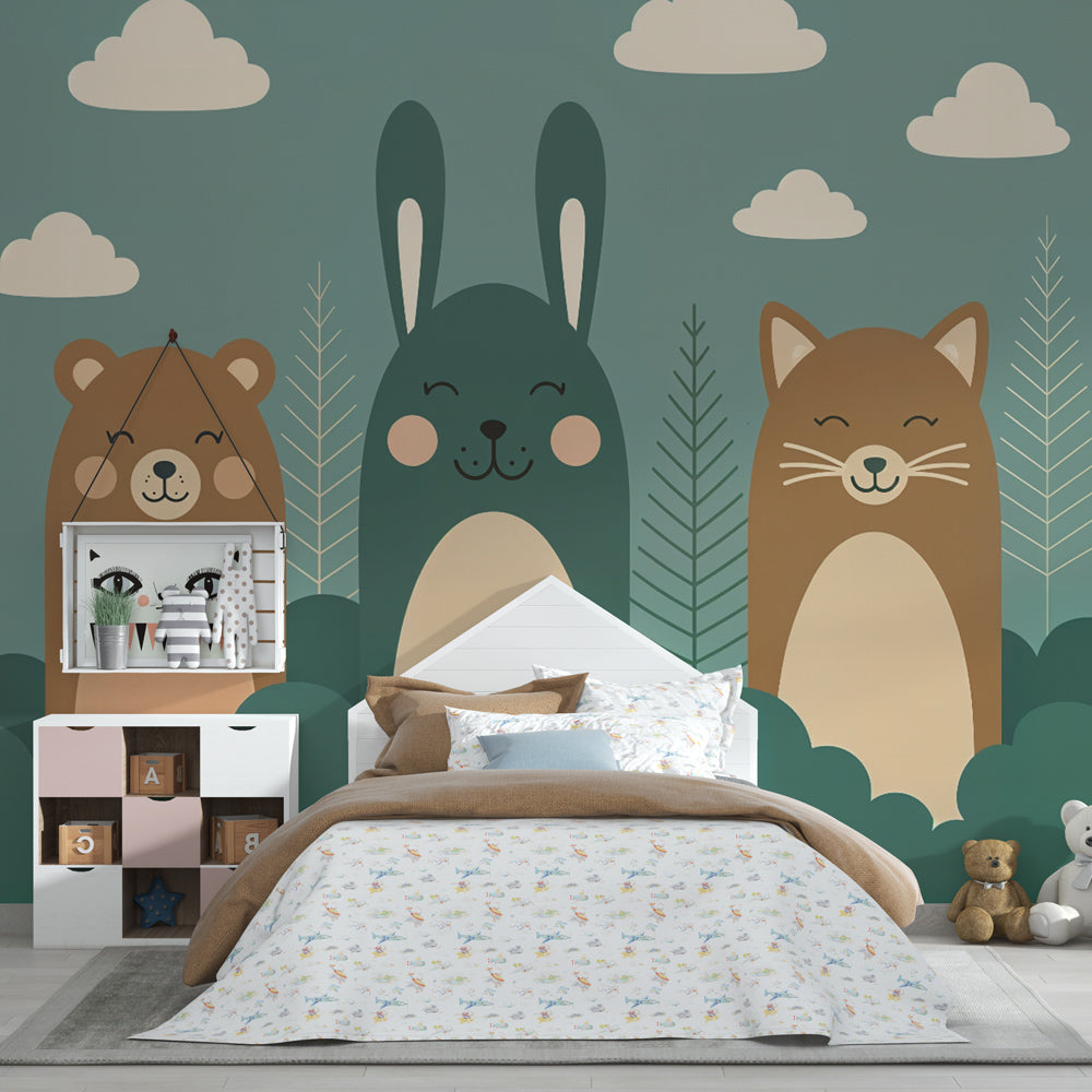 Cute forest animals wallpaper transforming children's playroom into woodland adventure space