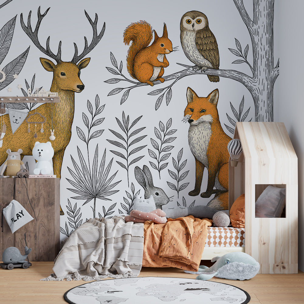 Nature-themed forest animals wallpaper transforming children's playroom with woodland scene