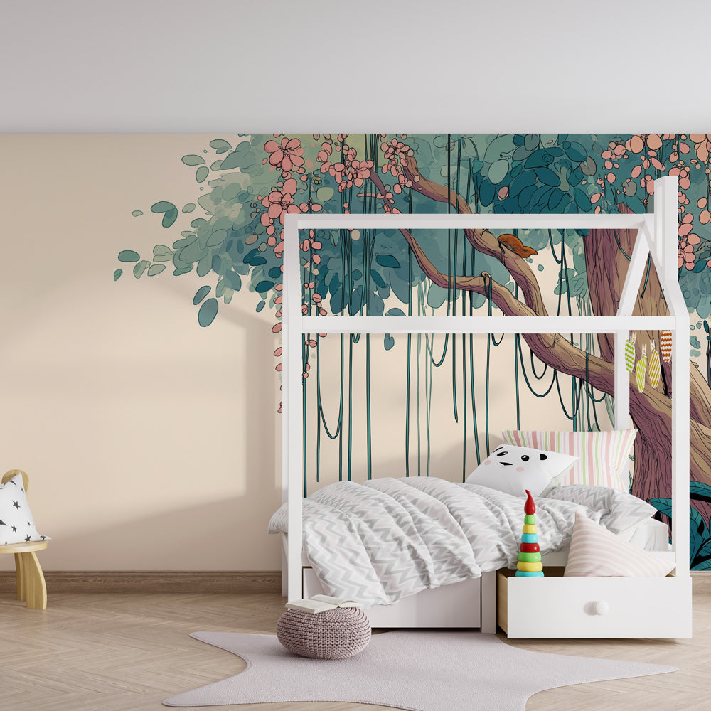 Nature-themed forest animals wallpaper transforming kids playroom into woodland sanctuary