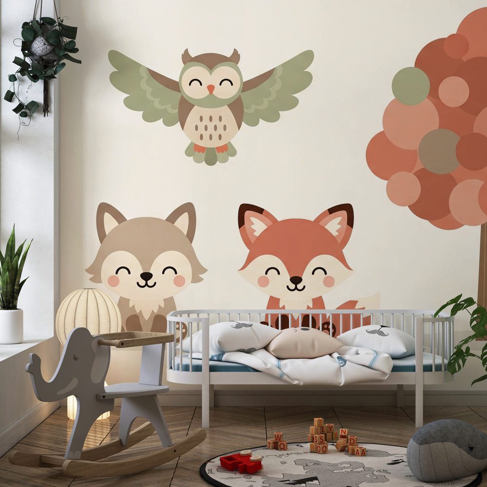 Cute forest animals wallpaper with pastel colors perfect for kids playroom decoration