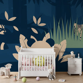 Woodland animals mural wallpaper transforming children's playroom into forest adventure space