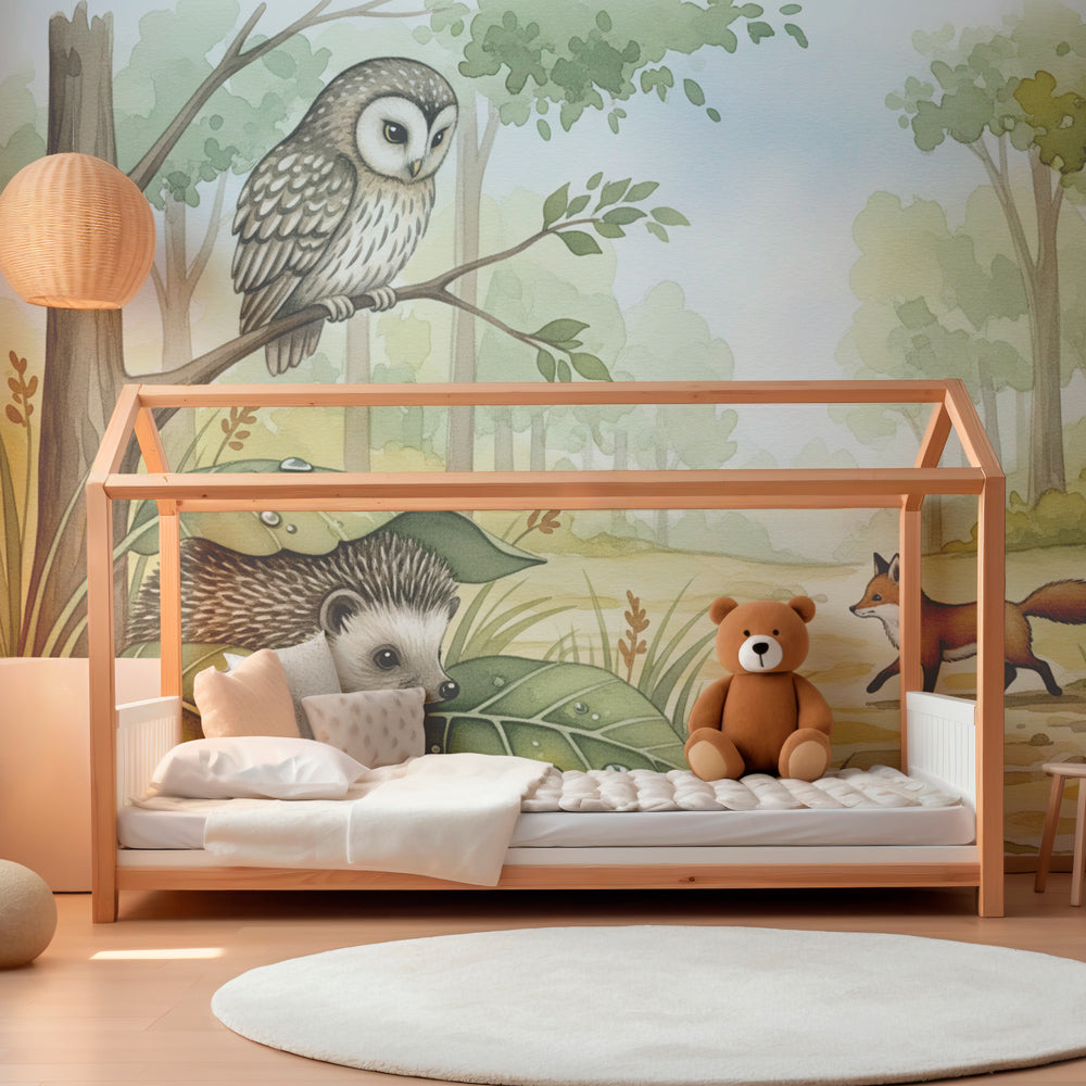 Forest themed mural wallpaper in children's playroom featuring fox and woodland scene by Kids-Mundo