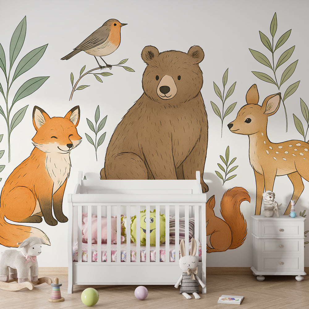 Bear fox deer squirrel mural wallpaper creating magical children's playroom by Kids-Mundo