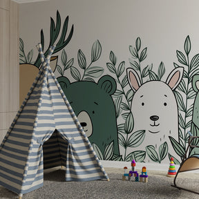 Woodland animals mural wallpaper transforming children's playroom with nature-inspired decor
