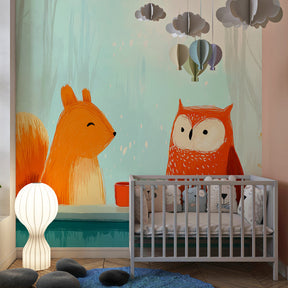 Autumn woodland animals wallpaper transforming kids playroom into enchanted forest space