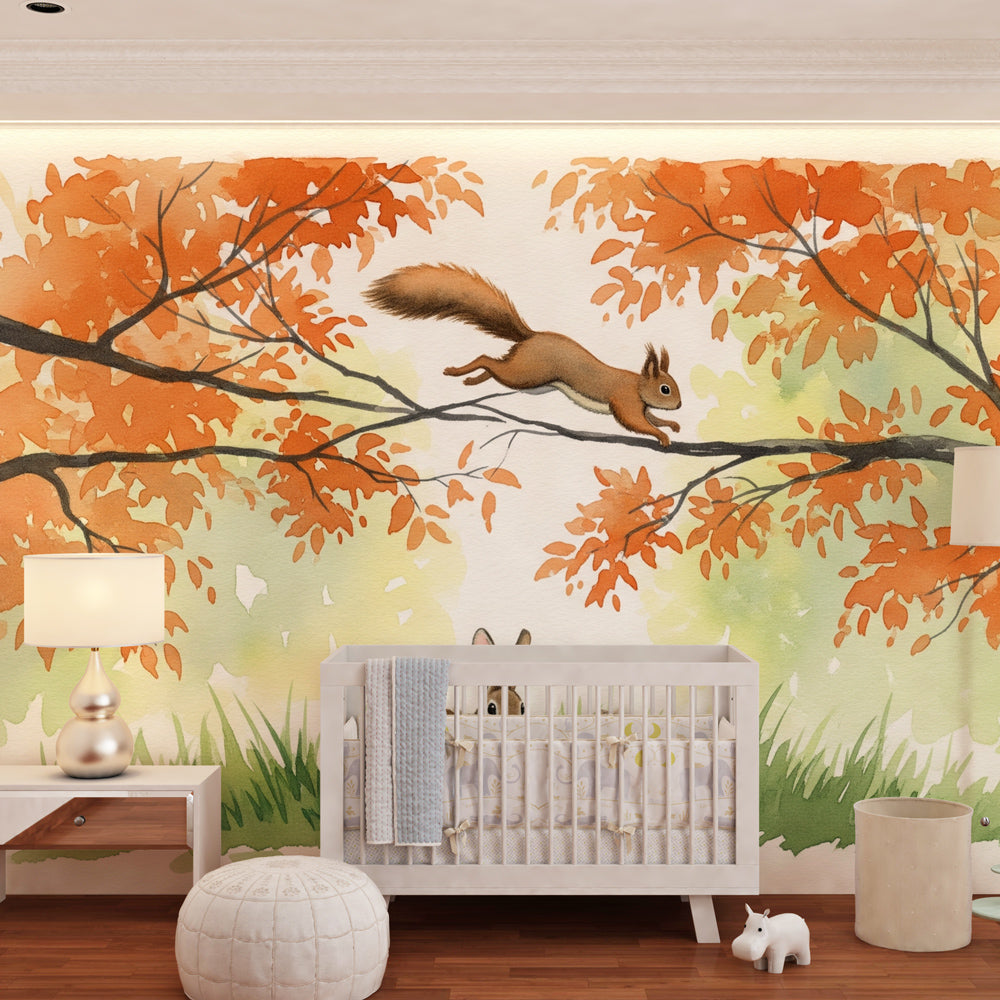 Woodland creatures mural wallpaper transforming kids playroom with autumn forest theme by Kids-Mundo