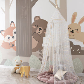Playful forest animals mural wallpaper transforming kids playroom into woodland adventure space