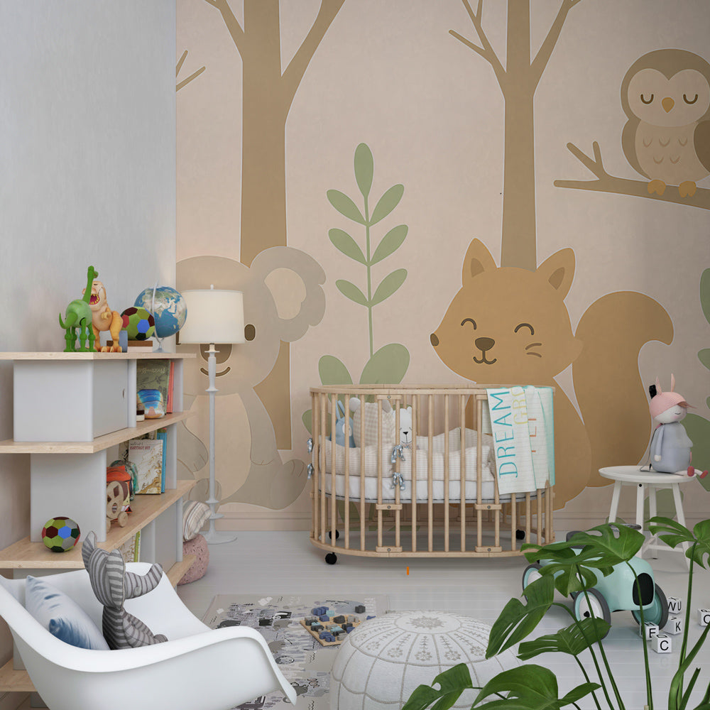 Nature-themed mural wallpaper with forest animals decorating kids playroom by Kids-Mundo