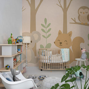 Nature-themed mural wallpaper with forest animals decorating kids playroom by Kids-Mundo