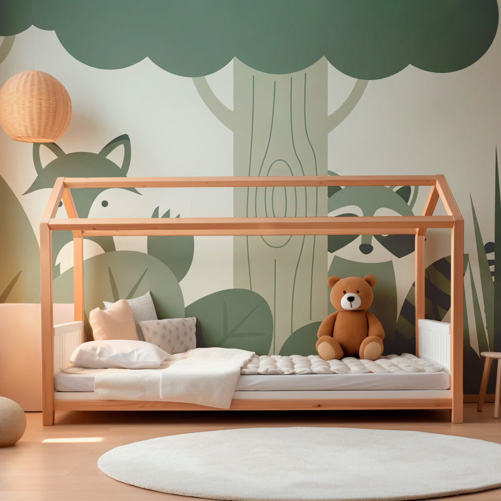 Gentle forest animals mural wallpaper transforming kids playroom into woodland sanctuary