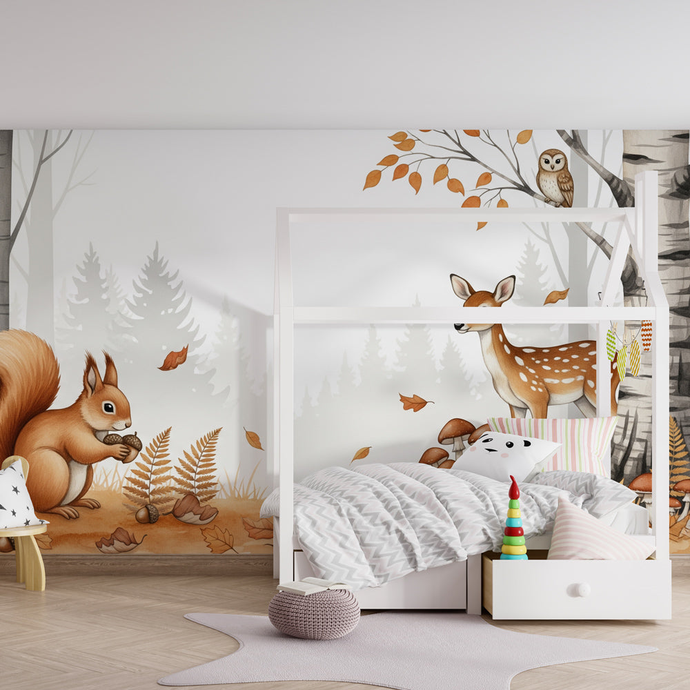 Woodland animals wallpaper creating cozy playroom atmosphere with natural wood furniture by Kids-Mundo