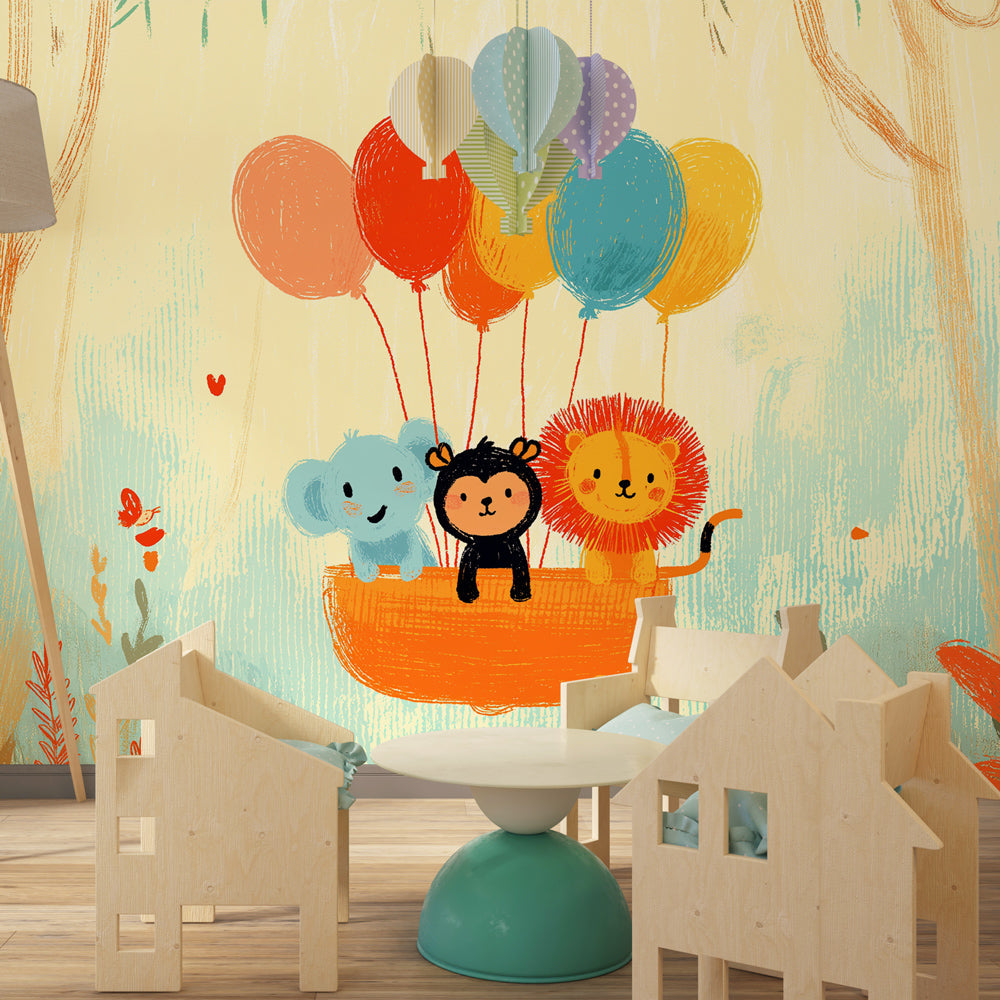 Colorful balloon animals mural wallpaper transforming kids playroom into enchanted forest