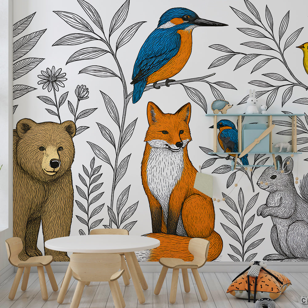 Forest themed mural wallpaper transforming kids playroom into woodland adventure space