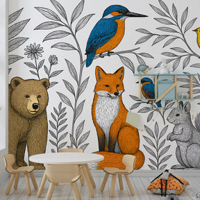 Forest themed mural wallpaper transforming kids playroom into woodland adventure space