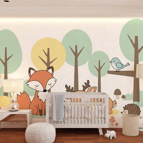 Whimsical forest animals wallpaper transforming children's playroom with stylized trees