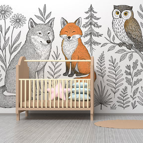 Nature themed mural wallpaper featuring forest animals in bright children's playroom setting