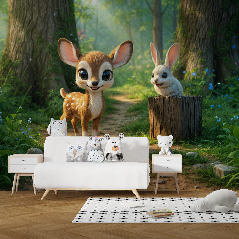 Cartoon deer and rabbit wallpaper transforming kids playroom into forest adventure space