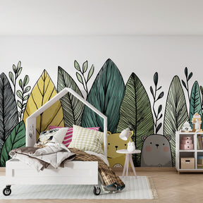 Cute forest animals wallpaper transforming children's playroom into woodland adventure
