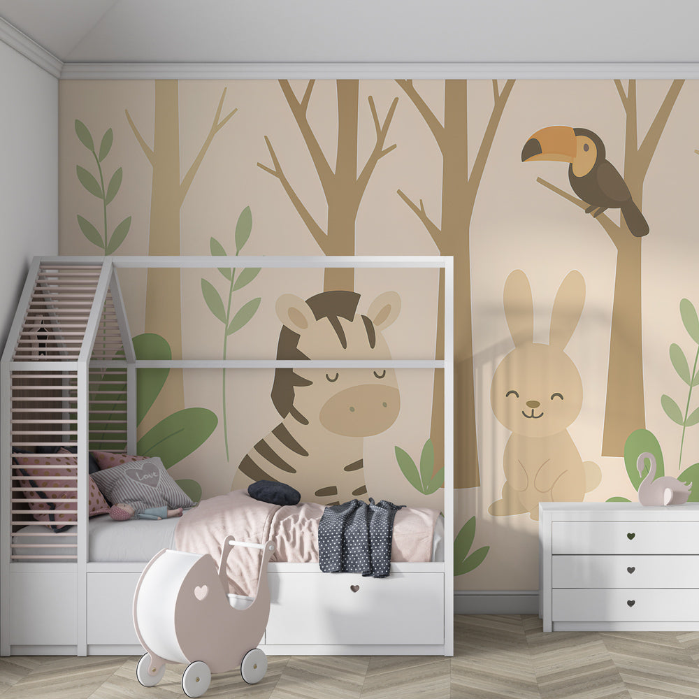 Forest theme mural wallpaper in children's playroom featuring zebra rabbit and toucan