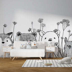 Cute animal wallpaper transforming kids playroom with monochrome forest theme by Kids-Mundo